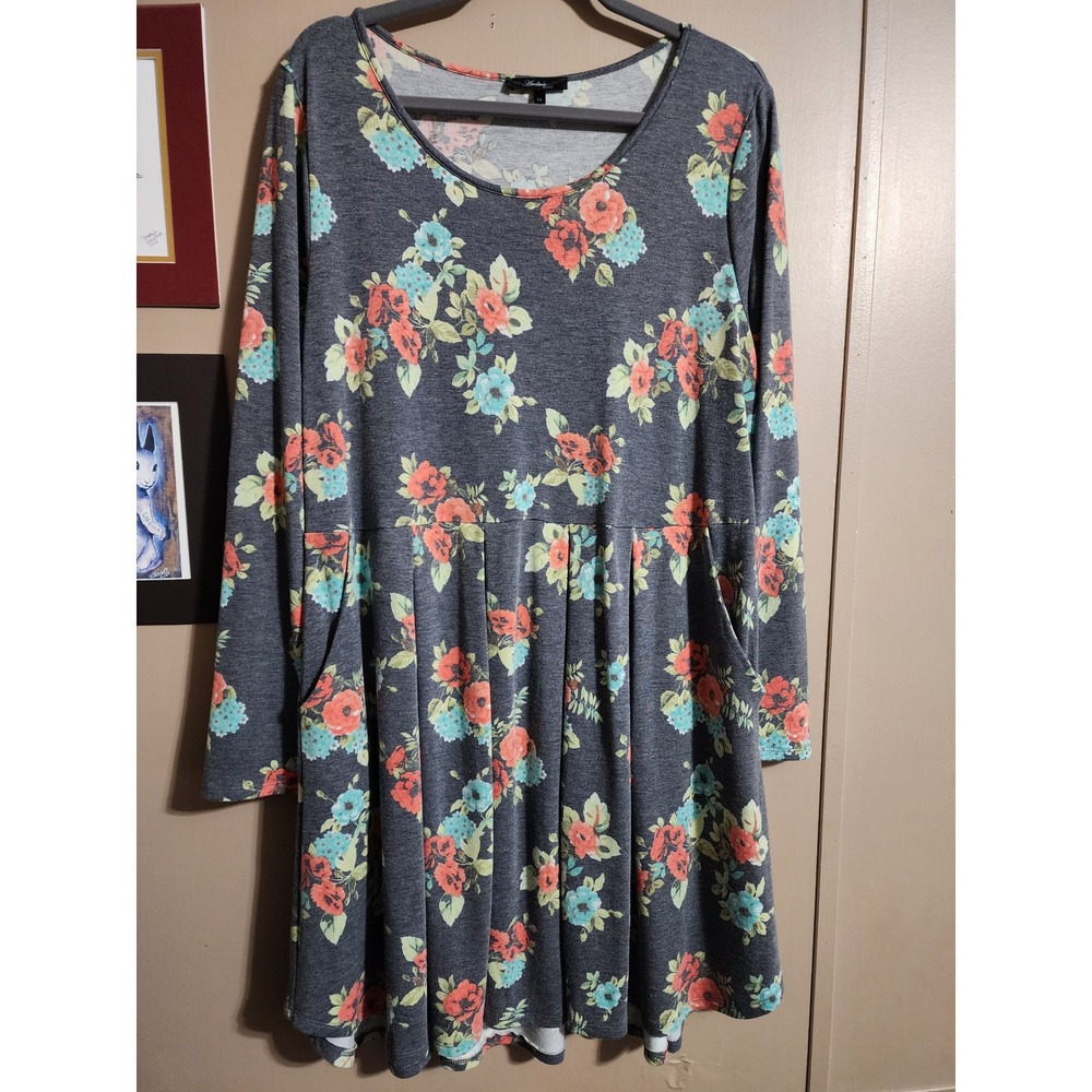Andree by Unit Floral Long Sleeve Pocket Dress 1X Grey